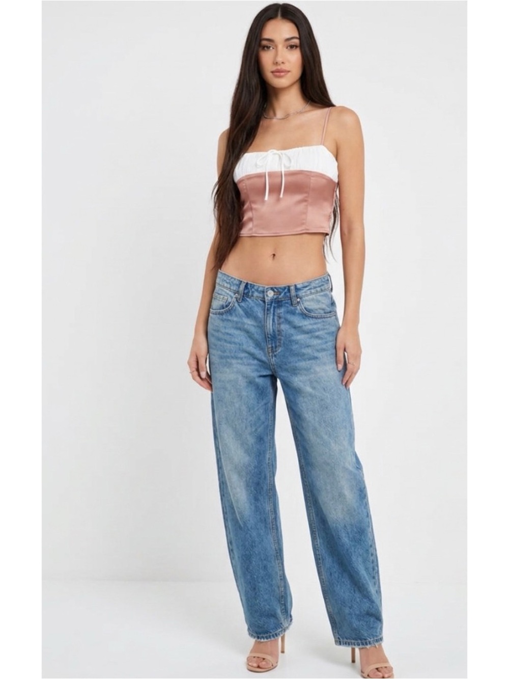 Forever 21 Y2K Milkmade Satin Two-Tone Crop Cami Top in Dusty Rose Cream Top S